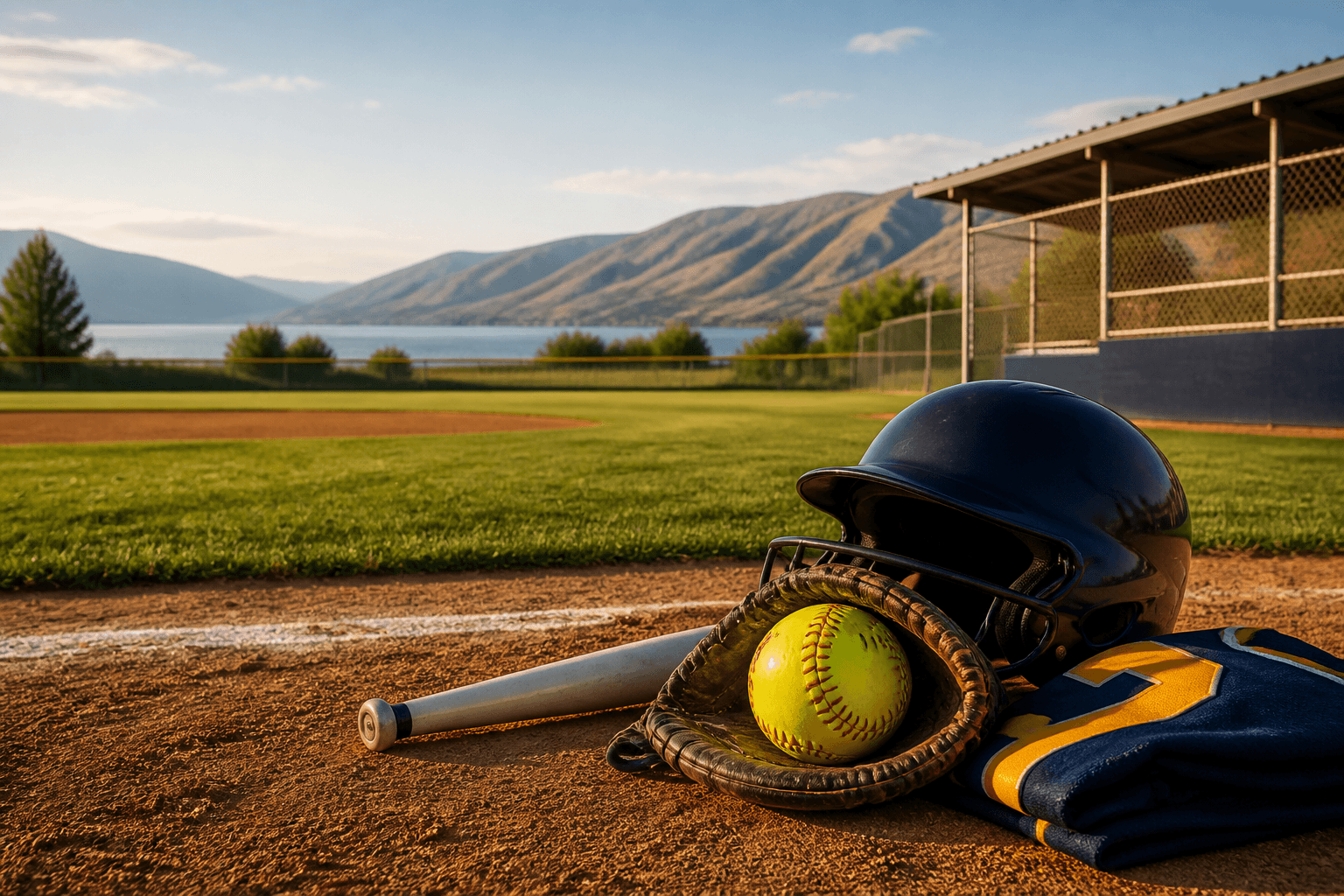 Softball gear on a Chelan field with lake and hills beyond the outfield